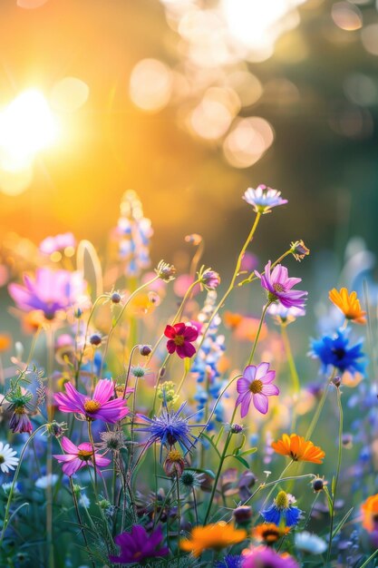 Fiori selvatici vibranti al tramonto in un prato sereno