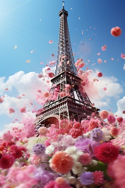 fiori spruzzo di fiori nella Torre Eiffel di Parigi forma rendering 3D