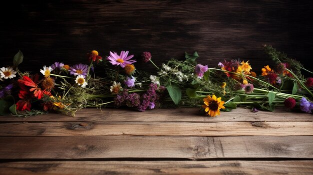 Fiori su sfondo di legno messa a fuoco selettiva IA generativa