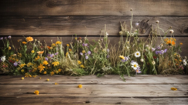 Fiori su sfondo di legno messa a fuoco selettiva IA generativa