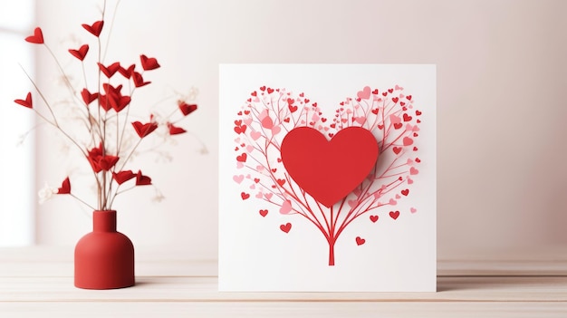 fiori su un tavolo accanto a una carta che ha un cuore rosso su di esso San Valentino Festa della mamma biglietti d'auguri di compleanno concetto di celebrazione dell'invito