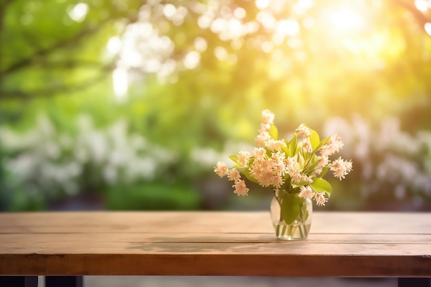 Fiori su un tavolo di legno con uno sfondo sfocato