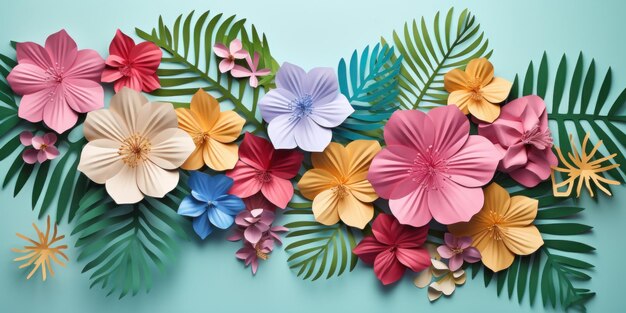 Fiori tropicali colorati di carta in un elegante allestimento piatto AI generativo