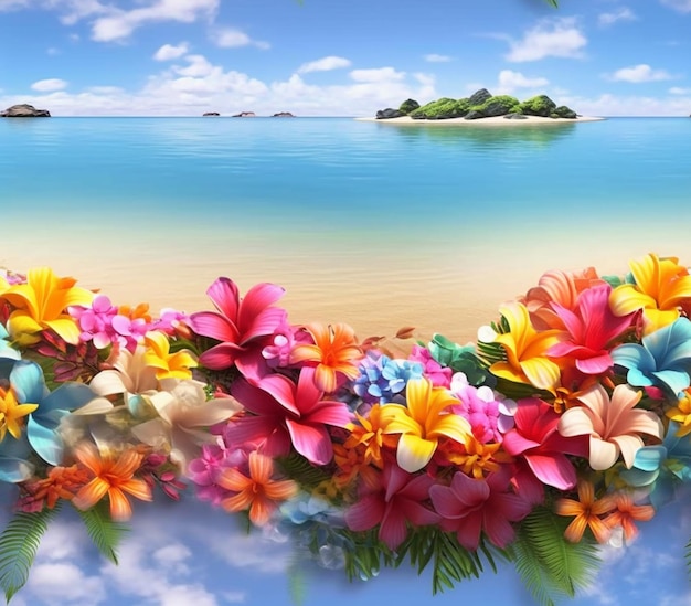 fiori tropicali confine su una spiaggia con un cielo blu e l'acqua generativa ai