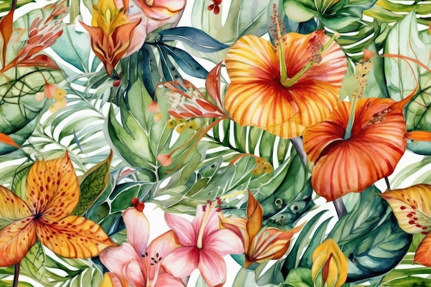Fiori tropicali e foglie dipinte in acquerello IA generativa