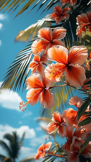 Fiori tropicali sullo sfondo di palme e cielo