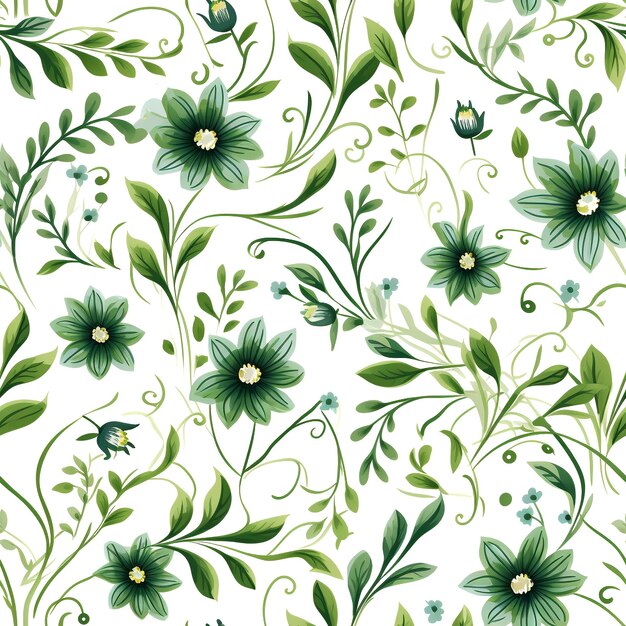 Fiori verdi e foglie senza cuciture che vorticano su uno sfondo bianco, disegni semplici color acqua generati dall'intelligenza artificiale
