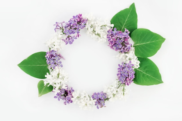 Fiori viola bianchi su sfondo bianco Foglie di cornice di corona estiva Vista dall'alto dello spazio di copia basso piatto