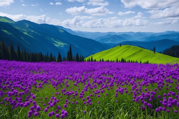 Fiori viola che sbocciano Maestose montagne dei Carpazi Bellissimo paesaggio di natura incontaminata