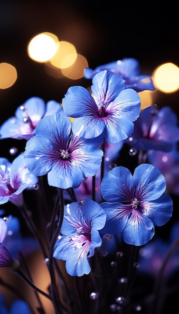 fiori viola con centri blu in un vaso con luci sullo sfondo ai generativa
