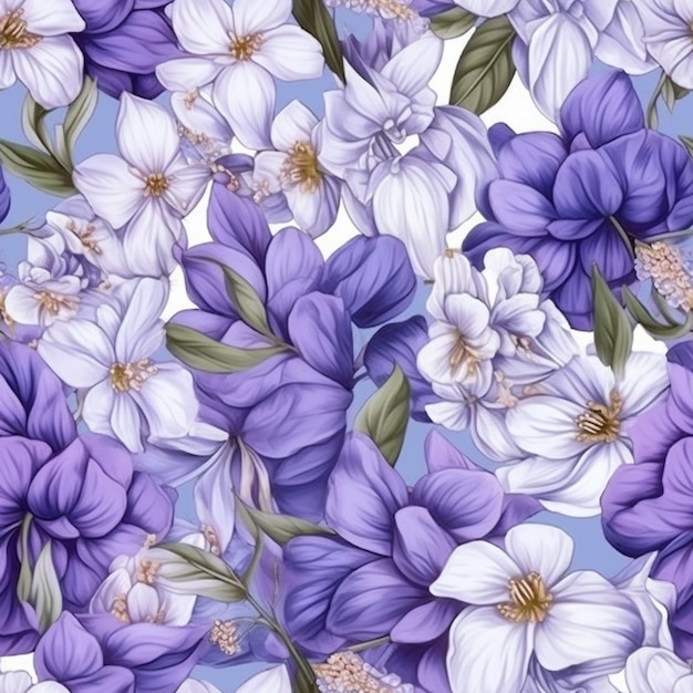 fiori viola e bianchi su uno sfondo blu con foglie verdi generative ai.