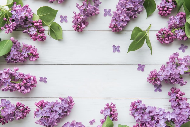 Fiori viola e foglie verdi disposti su un tavolo bianco di legno