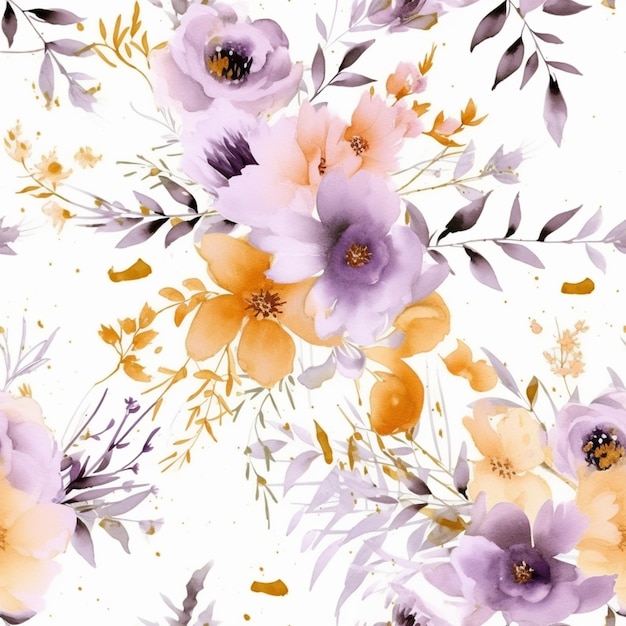 Fiori viola e gialli su sfondo bianco IA generativa