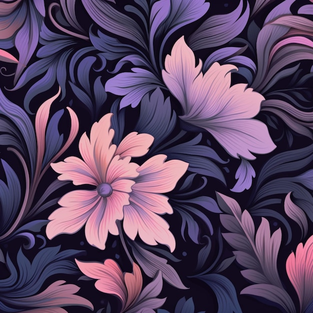 Fiori viola e rosa su sfondo nero con foglie swirly generative ai