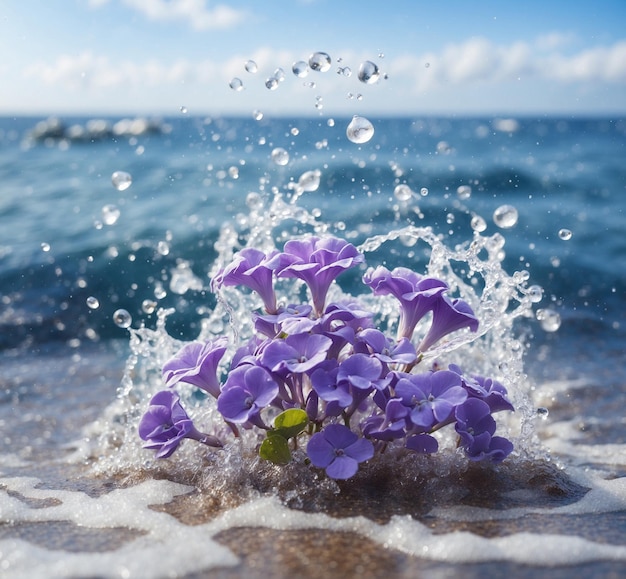 Fiori viola in spruzzi d'acqua sullo sfondo del mare