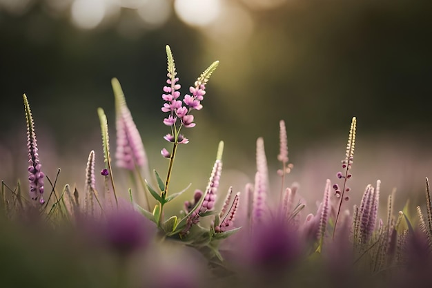 Fiori viola in un campo con il sole che splende su di loro