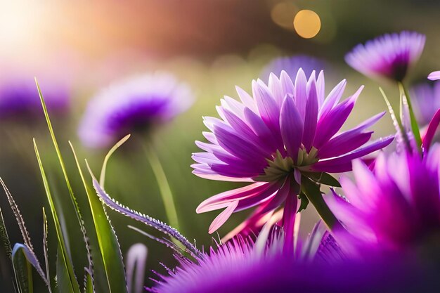 Fiori viola in un campo con il sole dietro di loro