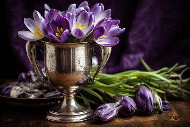 fiori viola in un contenitore d'argento con uno sfondo viola.