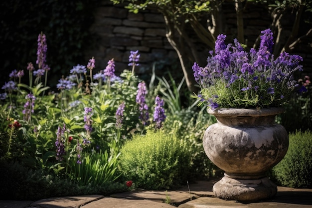 fiori viola in un giardino con un'urna di pietra e una fioriera in pietra.