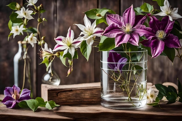 Fiori viola in un vaso di vetro su un tavolo di legno.