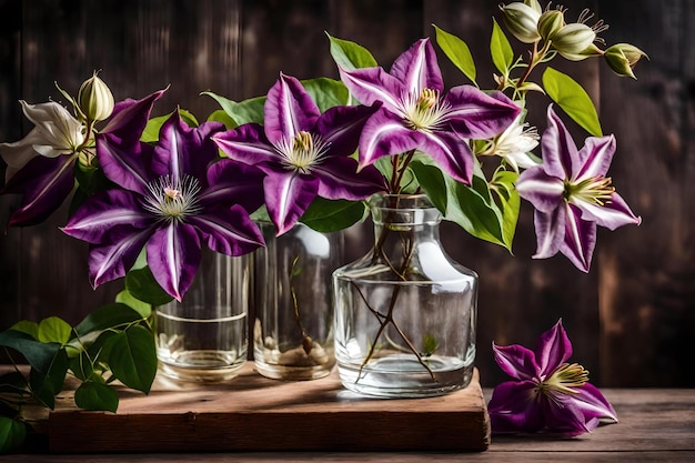 Fiori viola in un vaso di vetro su una tavola di legno.