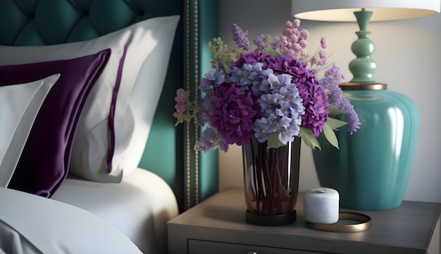 Fiori viola in vaso di vetro blu su elegante comodino accanto al letto king size generativo ai