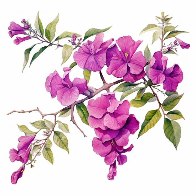 Fiori viola su un ramo con foglie verdi e fiori viola ai generati