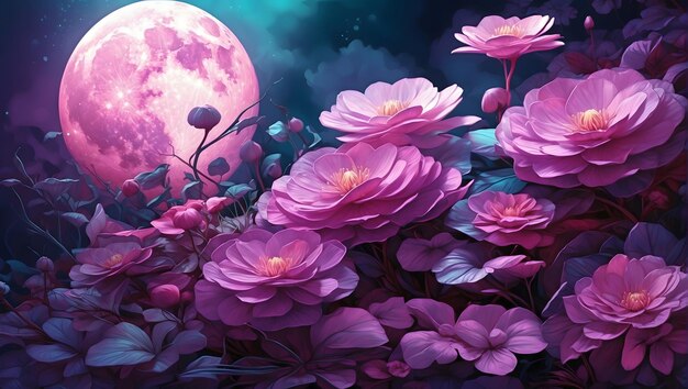 Fiori viola vibranti che fioriscono in un misterioso ambiente illuminato dalla luna.