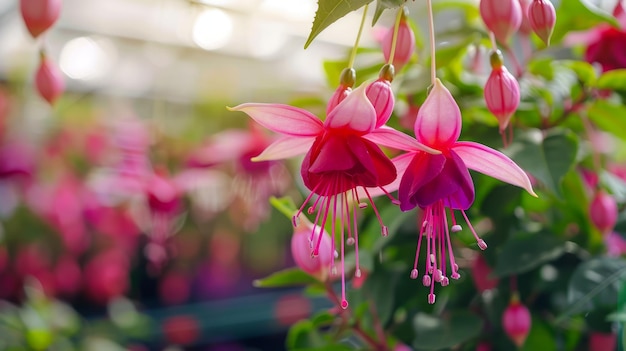 Fiori vivaci di fucsia appesi nel vivaio del giardino fiori rosa brillante e viola con la luce solare