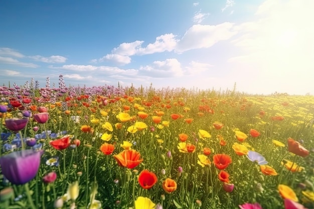 Fiori vivaci e luminosi in un campo con paesaggi fotorealistici in primavera e in estate Aiuta a salvare il pianeta IA generativa