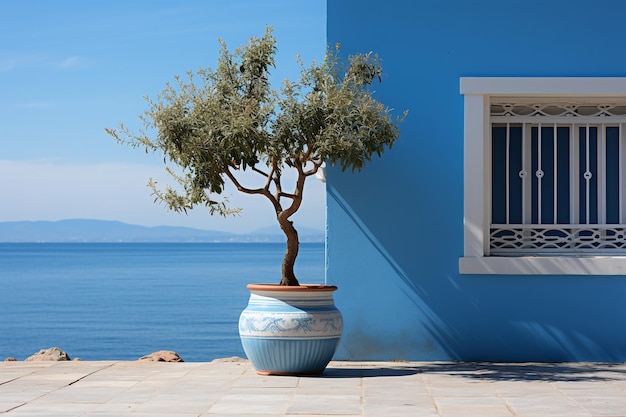 Fioriera blu vicino alla porta accanto alla vista sul mare AI generativa