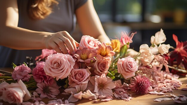 fiorista che lavora su un bouquet con bellissimi fiori nel negozio