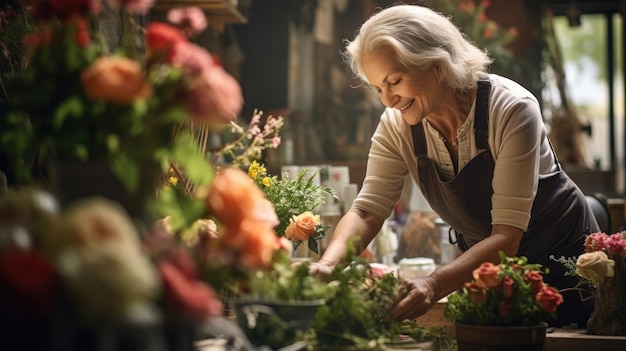 Fiorista donna anziana e amichevole in un negozio di fiori Una donna prepara mazzi di fiori per la vendita Piccola impresa AI