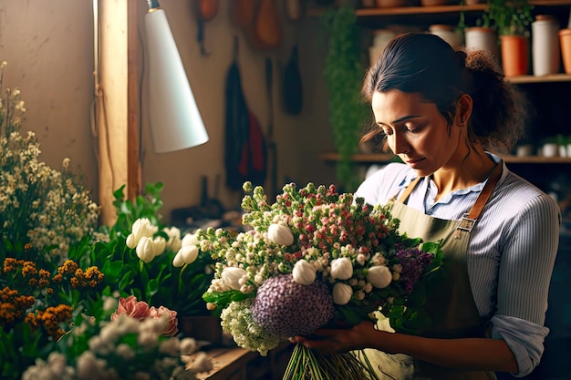 Fiorista donna che crea bouquet in vendita nel negozio di fiori