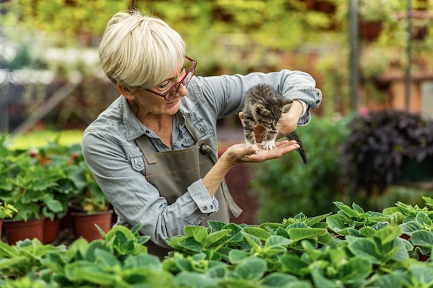 Fiorista femminile che si diverte con un gattino mentre lavora in un vivaio