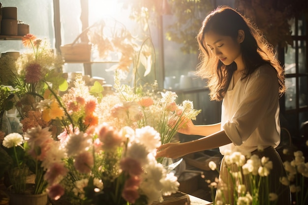 Fiorista nel suo negozio che raccoglie fiori Donna asiatica AI generativa