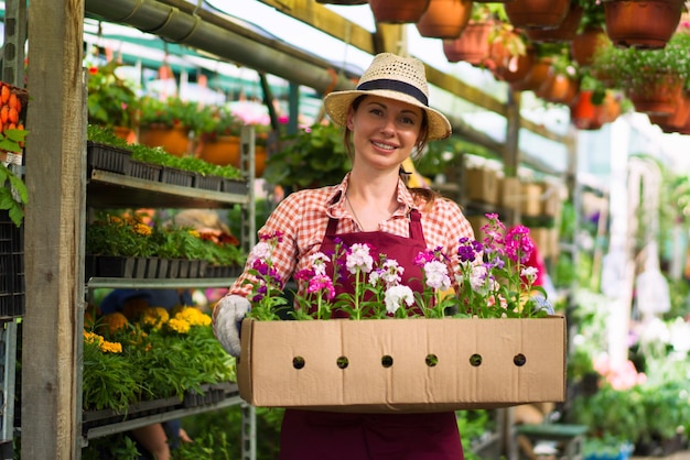 Fiorista sorridente adorabile della giovane donna che organizza le piante nel negozio di fiori l'hobby è diventato un piccolo