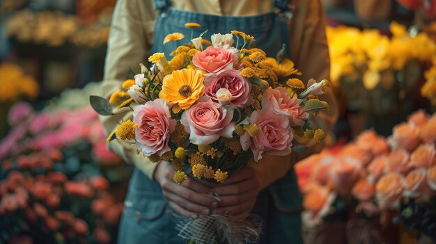 Fioristi che arrangiano bouquet in un negozio di fiori bellezza e natura