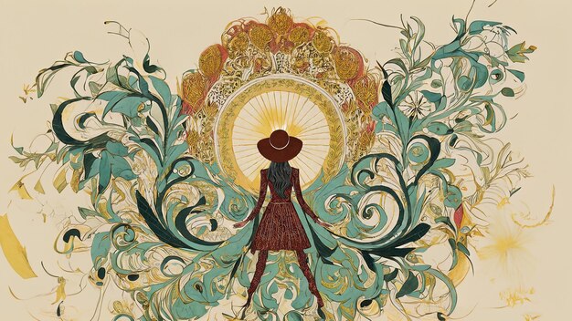 Firefly Art Nouveau donne fiore sulla testa vestiti aperti