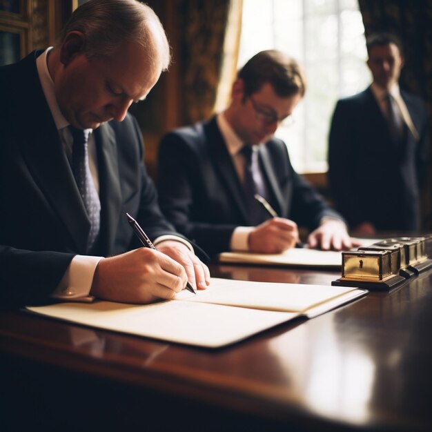 firma cerimoniale tra dirigenti in una tradizionale fotografia aziendale d'ufficio