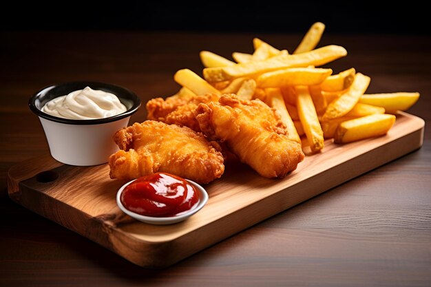 Fish and chips su una tavola di legno con besciamella e salsa ketchup generata dall'intelligenza artificiale