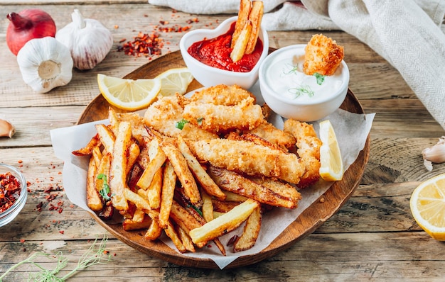 Fish and chips tradizionale britannico con ketchup e salsa tartara