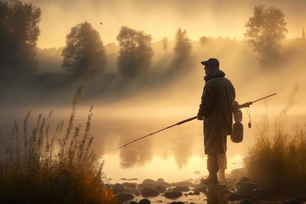 Fisher pesca all'alba nebbiosa IA generativa