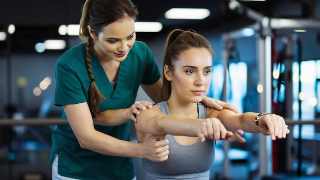 Fisioterapeuta che aiuta una giovane donna caucasica con l'esercizio