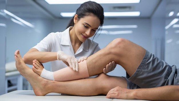 Fisioterapeuta donna che applica una benda elastica a un paziente maschio