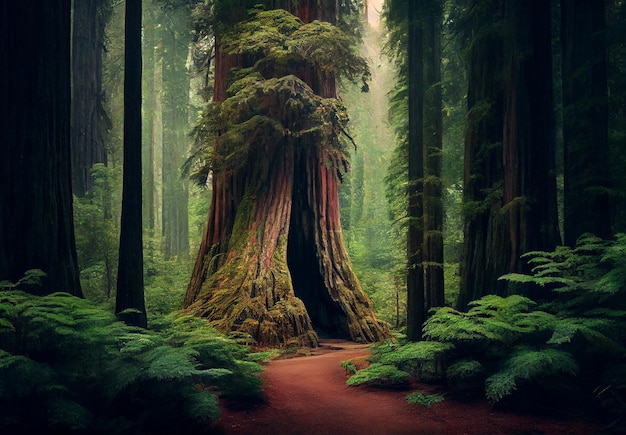 Fitta foresta in California molte sequoie AI immagine generata