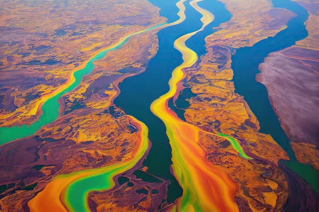 Fiume aereo dell'Islanda in bella vista dall'alto di toni verdi rossi