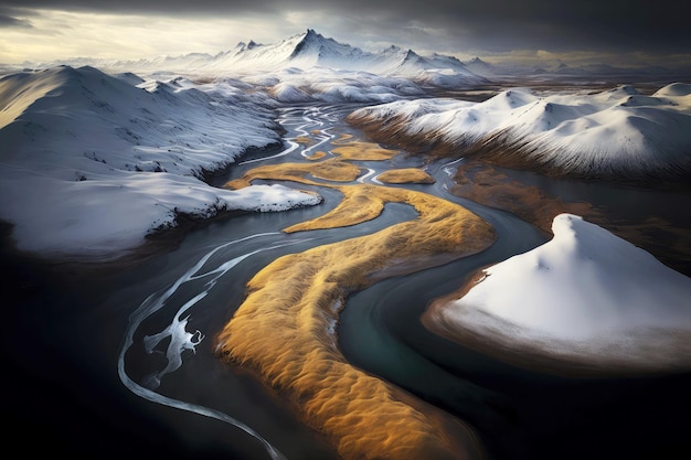 Fiume aereo islandese sullo sfondo di scure colline innevate