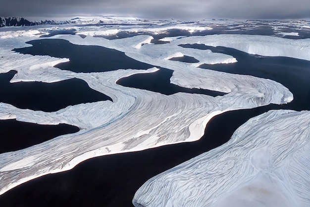 Fiume aereo serpeggiante dell'Islanda con derive di neve e ghiaccio