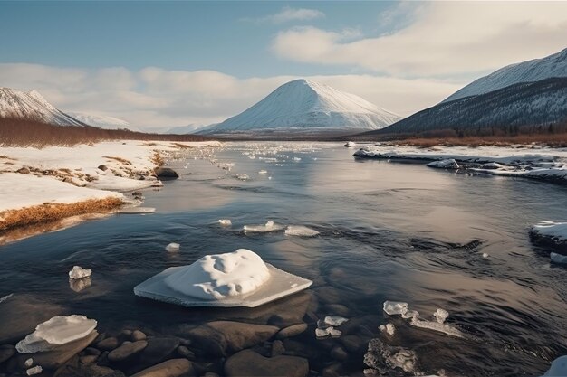 Fiume artico con banchi di ghiaccio e montagne sullo sfondo